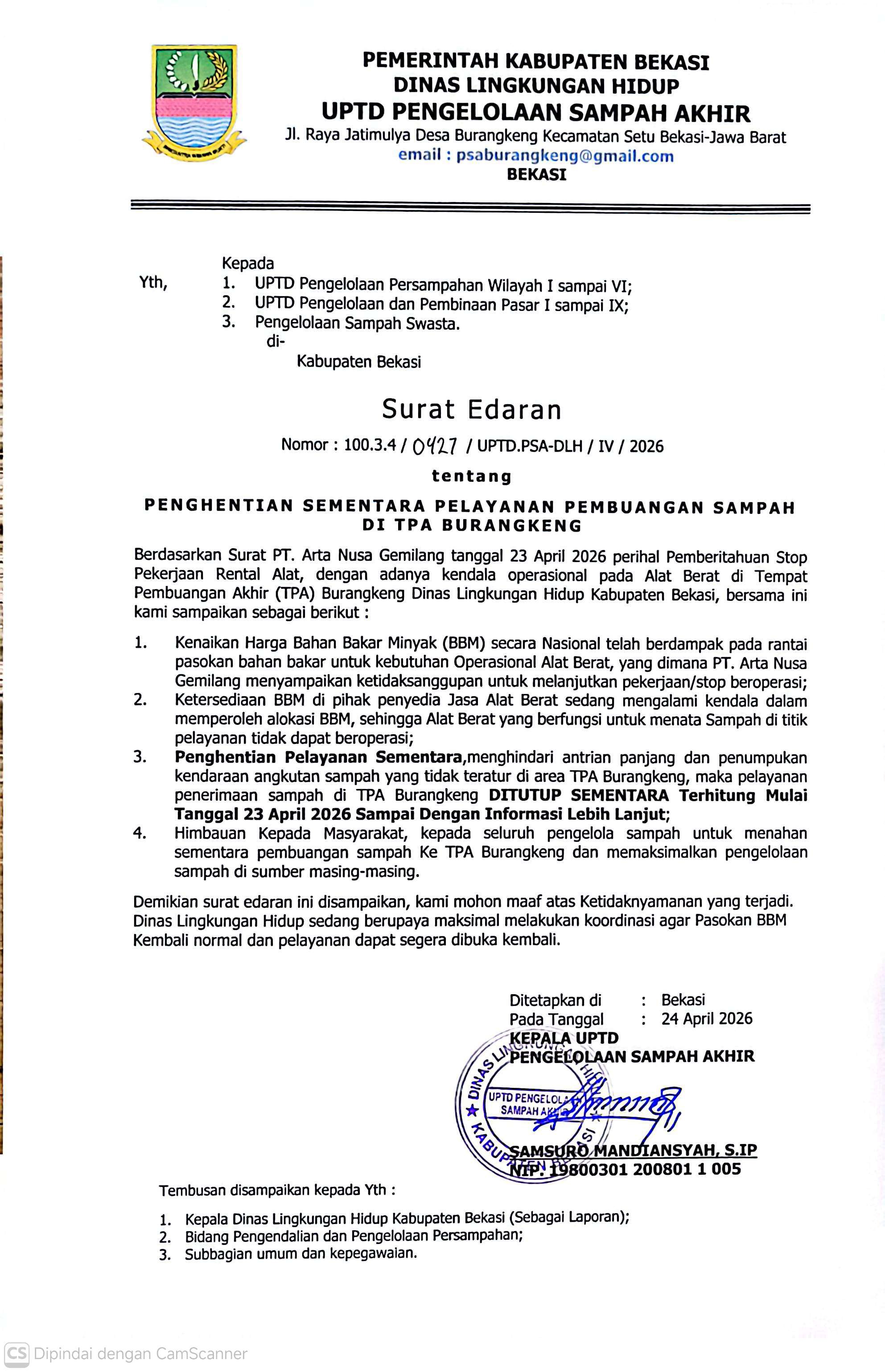 Surat Edaran Pemerintah Kabupaten Bekasi